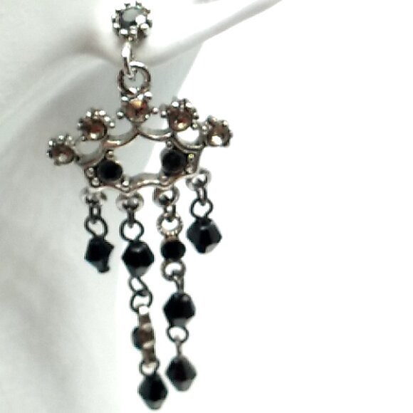 Vintage Style Black Chandelier Faceted Bead Rhinestone Silver Tone Dangle Post - Picture 3 of 7